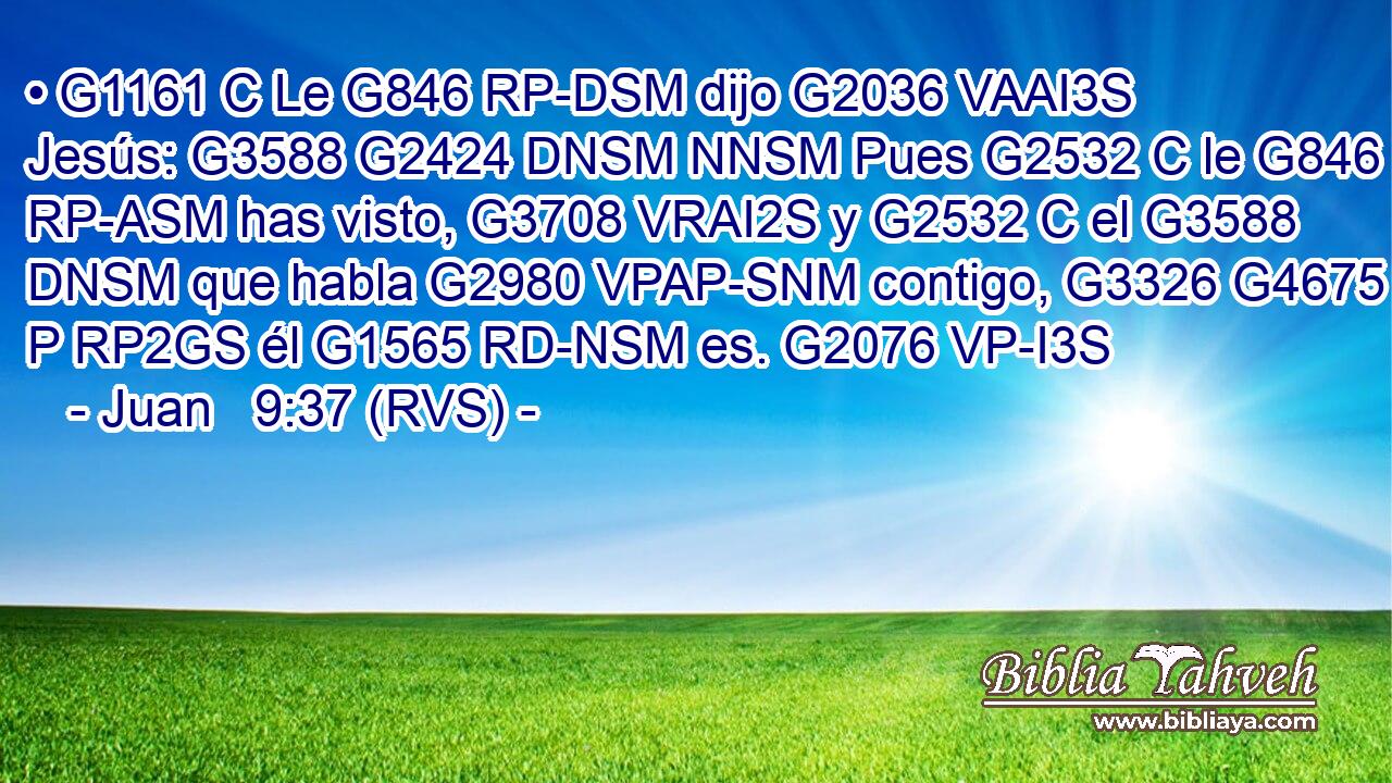 • G1161 C Le G846 RP-DSM dijo G2036 VAAI3S Jesús: G3588 G2424 DNSM NNSM Pues G2532 C le G846 RP-ASM has visto, G3708 VRAI2S y G2532 C el G3588 DNSM que habla G2980 VPAP-SNM contigo, G3326 G4675 P RP2GS él G1565 RD-NSM es. G2076 VP-I3S 