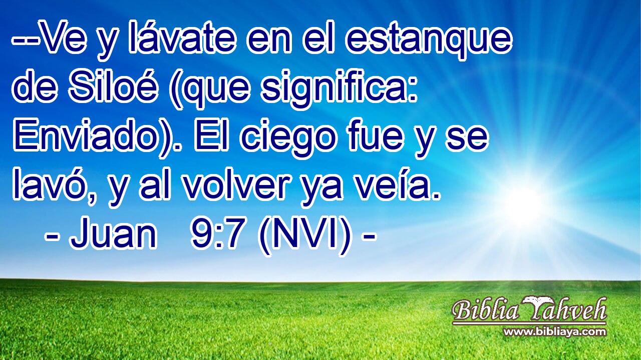  --Ve y lávate en el estanque de Siloé (que significa: Enviado). El ciego fue y se lavó, y al volver ya veía. 