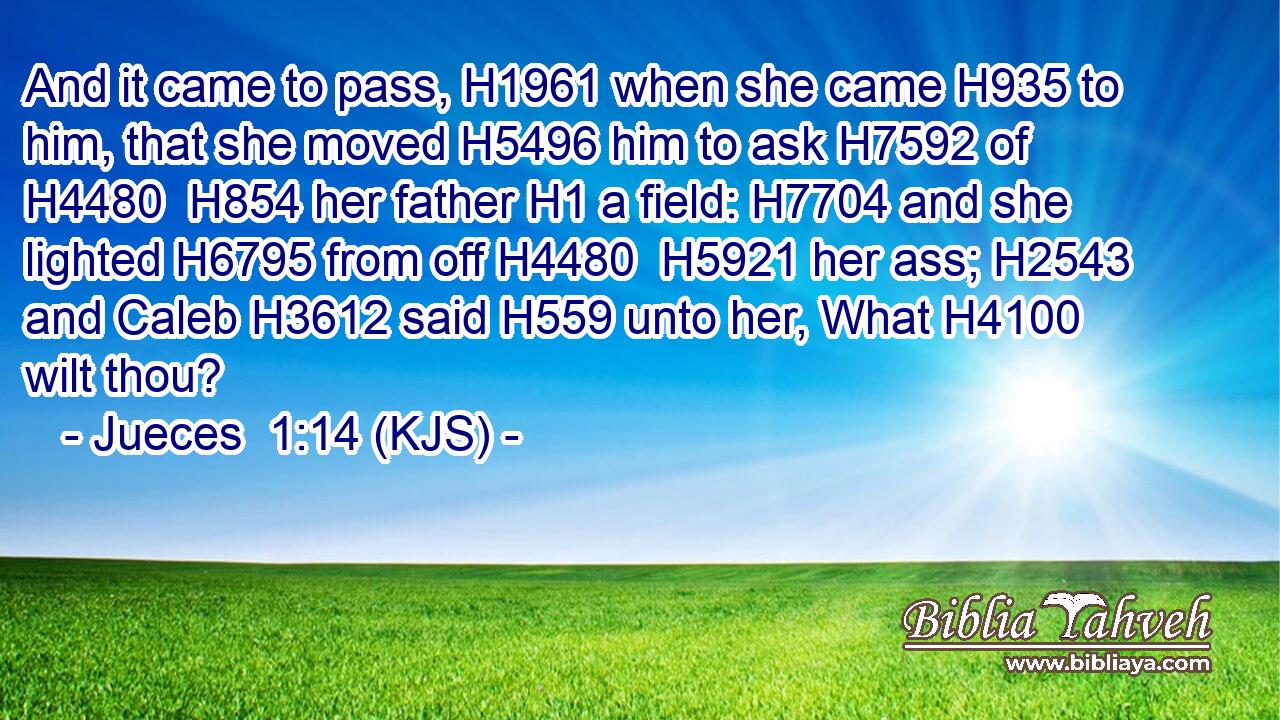 And it came to pass, H1961 when she came H935 to him, that she moved H5496 him to ask H7592 of H4480  H854 her father H1 a field: H7704 and she lighted H6795 from off H4480  H5921 her ass; H2543 and Caleb H3612 said H559 unto her, What H4100 wilt thou?
