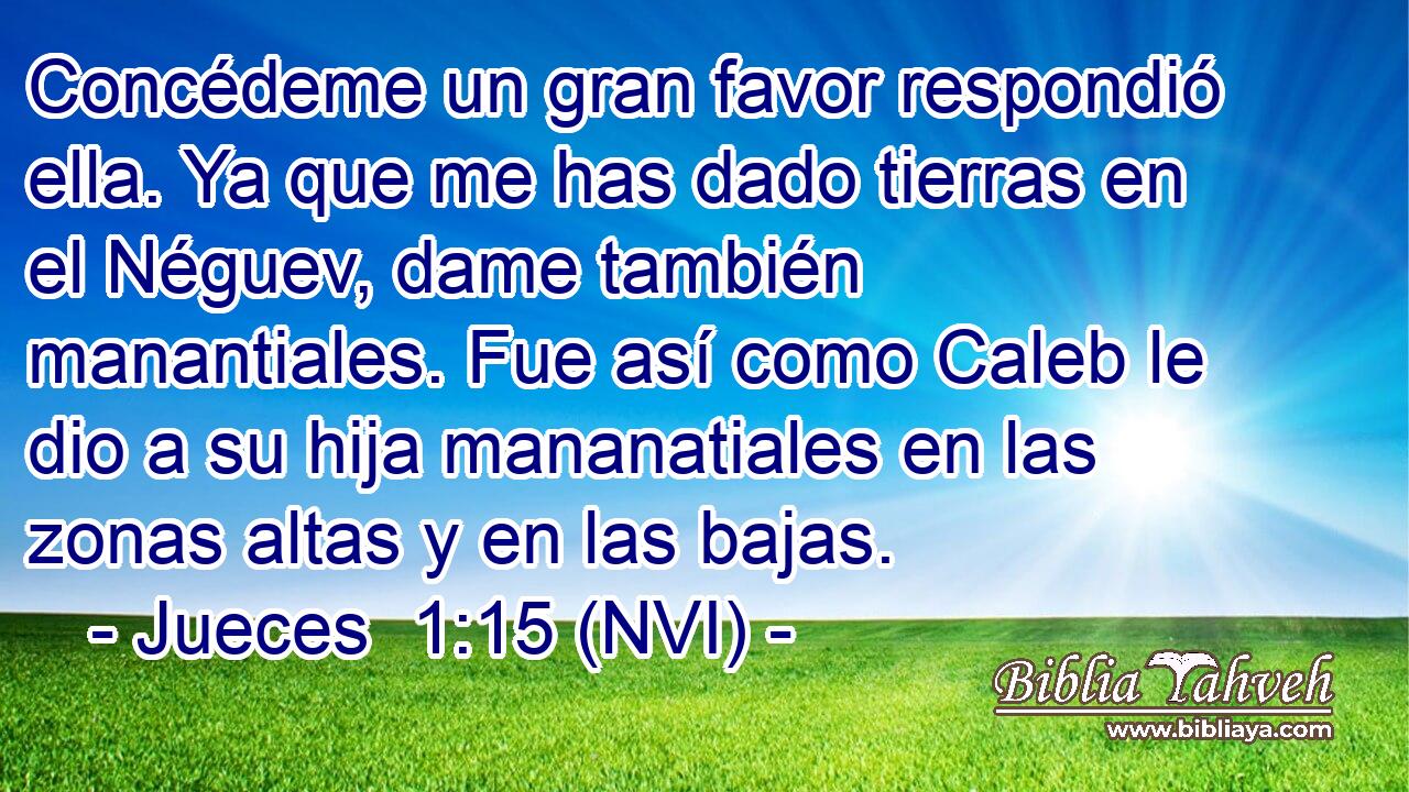  Concédeme un gran favor respondió ella. Ya que me has dado tierras en el Néguev, dame también manantiales. Fue así como Caleb le dio a su hija mananatiales en las zonas altas y en las bajas. 