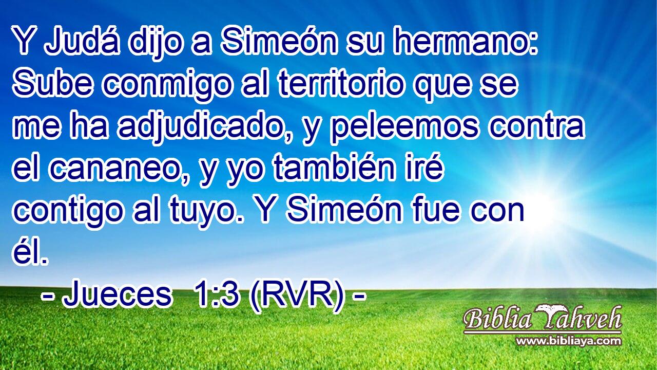 Y Judá dijo a Simeón su hermano: Sube conmigo al territorio que se me ha adjudicado, y peleemos contra el cananeo, y yo también iré contigo al tuyo. Y Simeón fue con él.