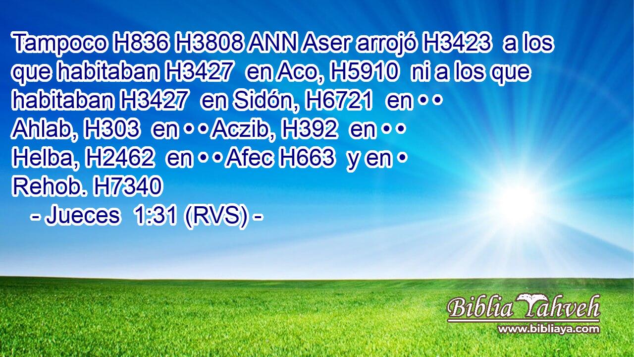 Tampoco H836 H3808 ANN Aser arrojó H3423  a los que habitaban H3427  en Aco, H5910  ni a los que habitaban H3427  en Sidón, H6721  en • • Ahlab, H303  en • • Aczib, H392  en • • Helba, H2462  en • • Afec H663  y en • Rehob. H7340  