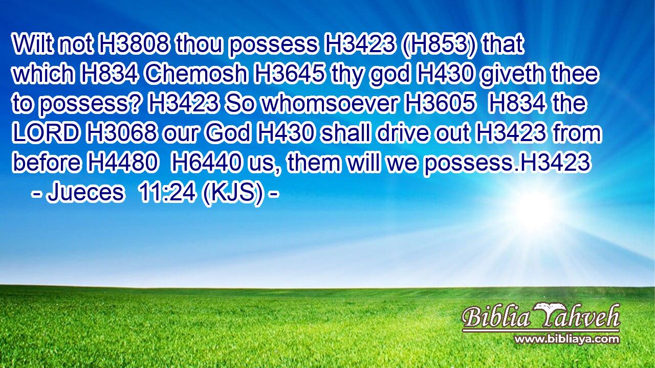 Wilt not H3808 thou possess H3423 (H853) that which H834 Chemosh H3645 thy god H430 giveth thee to possess? H3423 So whomsoever H3605  H834 the LORD H3068 our God H430 shall drive out H3423 from before H4480  H6440 us, them will we possess.H3423