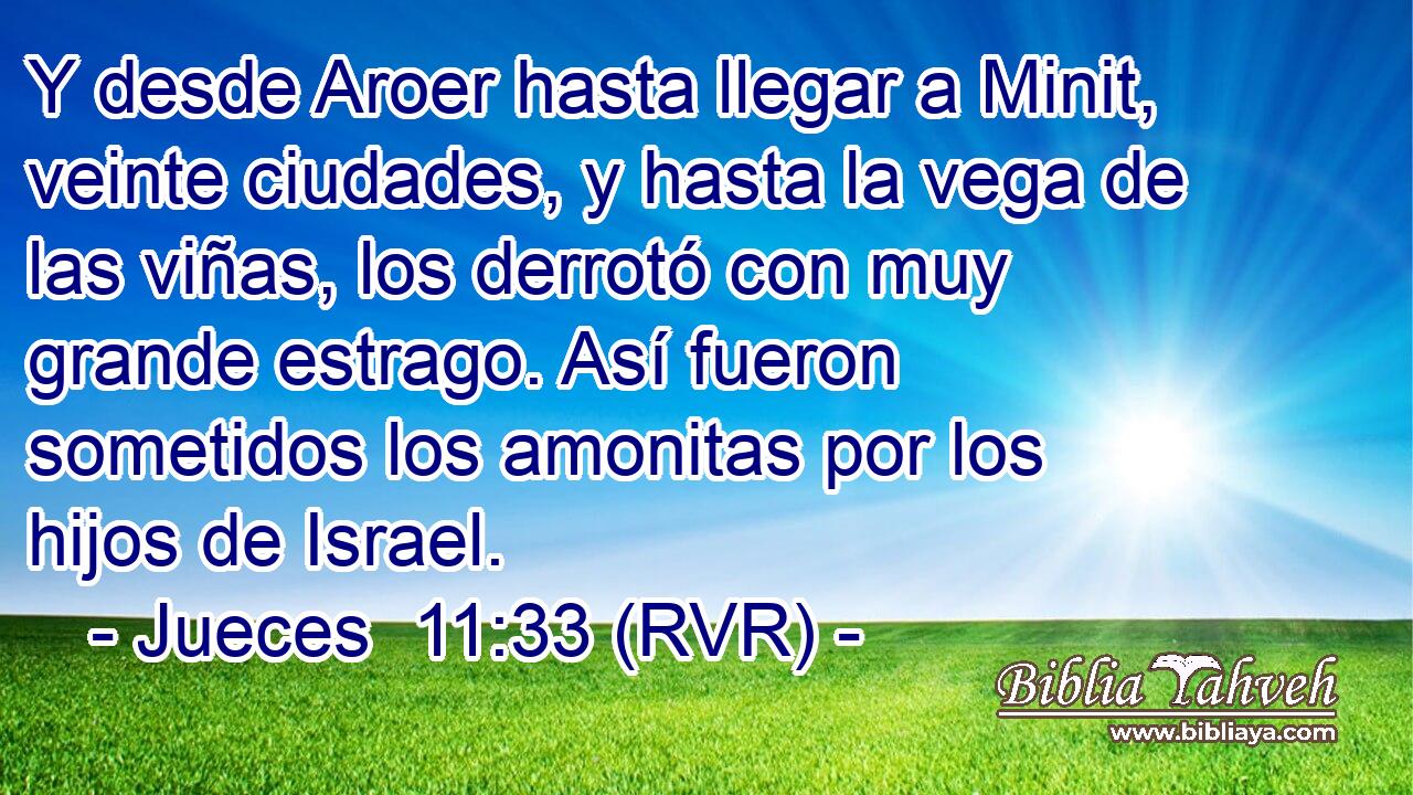 Y desde Aroer hasta llegar a Minit, veinte ciudades, y hasta la vega de las viñas, los derrotó con muy grande estrago. Así fueron sometidos los amonitas por los hijos de Israel.