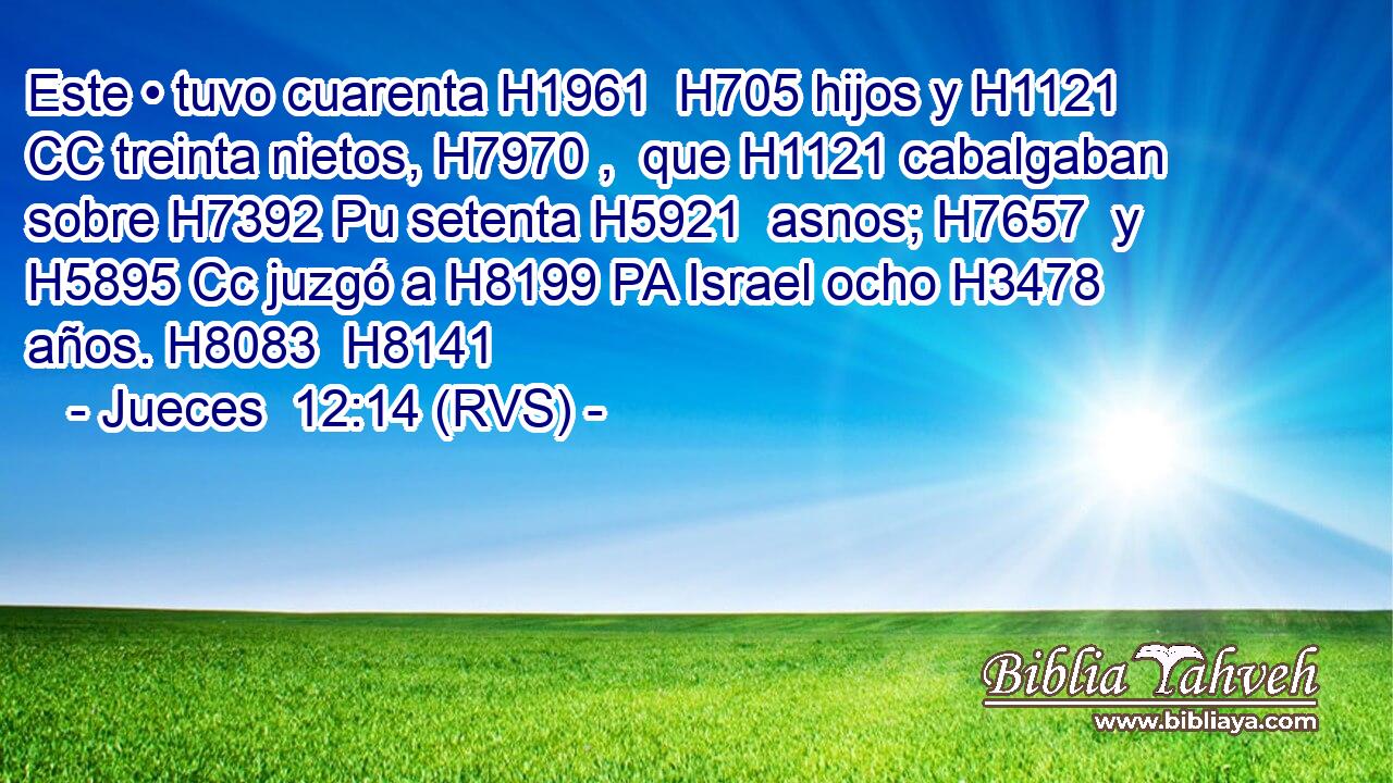 Este • tuvo cuarenta H1961  H705 hijos y H1121 CC treinta nietos, H7970 ,  que H1121 cabalgaban sobre H7392 Pu setenta H5921  asnos; H7657  y H5895 Cc juzgó a H8199 PA Israel ocho H3478  años. H8083  H8141 