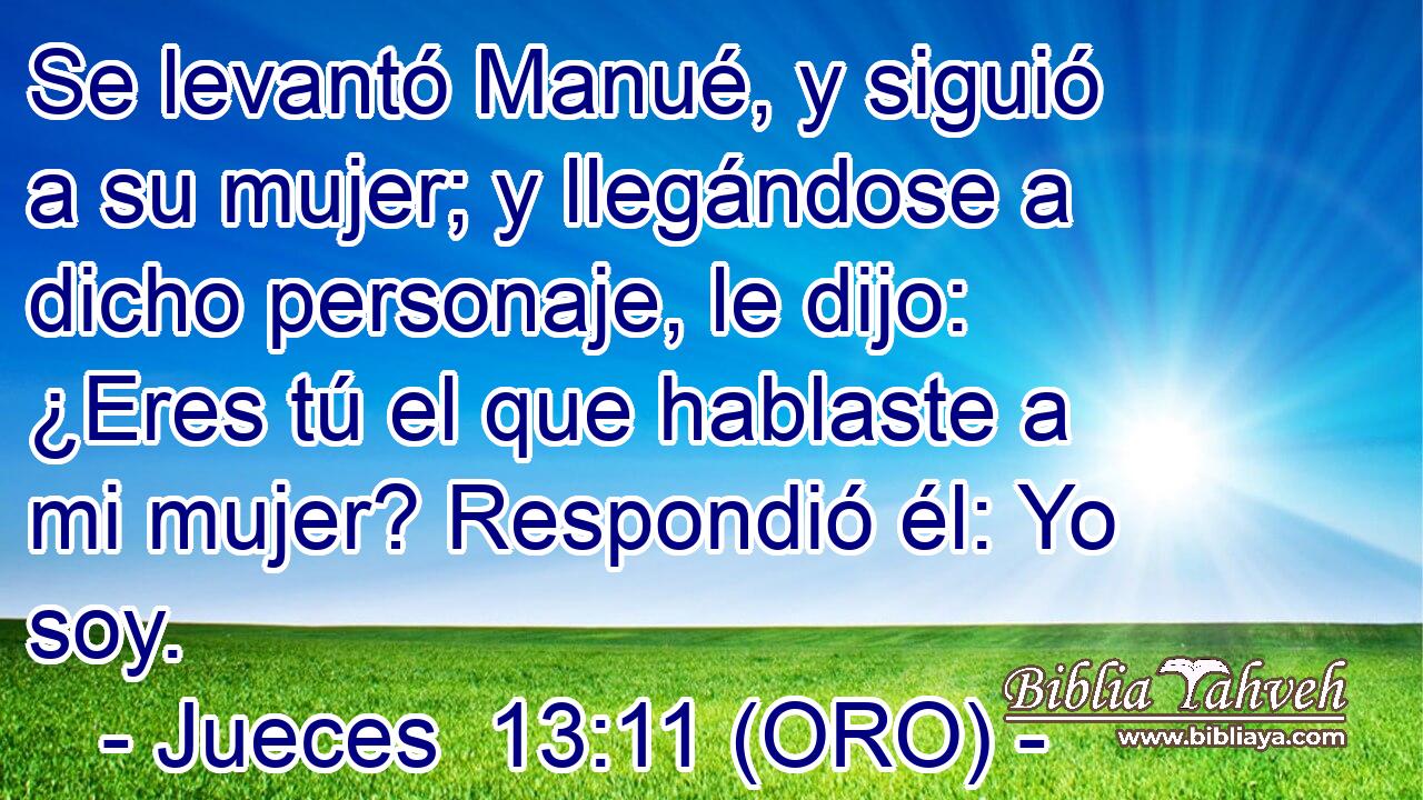  Se levantó Manué, y siguió a su mujer; y llegándose a dicho personaje, le dijo: ¿Eres tú el que hablaste a mi mujer? Respondió él: Yo soy. 