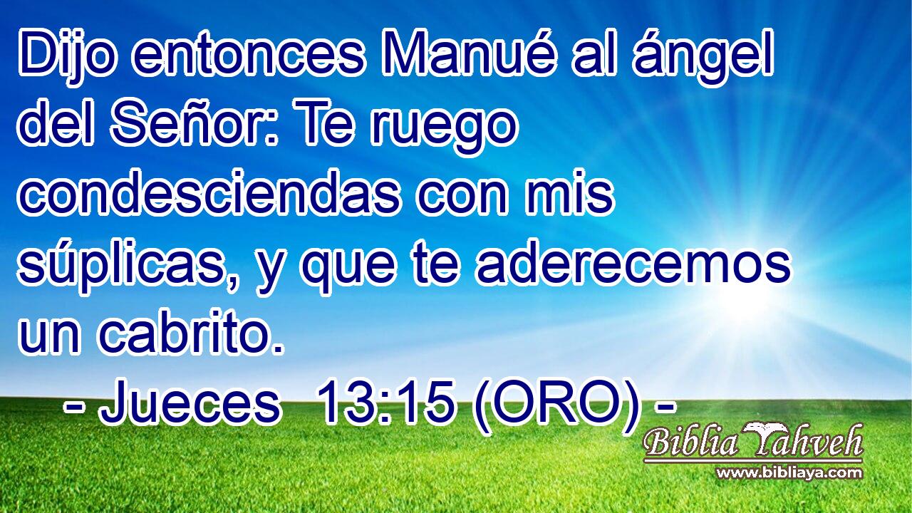  Dijo entonces Manué al ángel del Señor: Te ruego condesciendas con mis súplicas, y que te aderecemos un cabrito. 