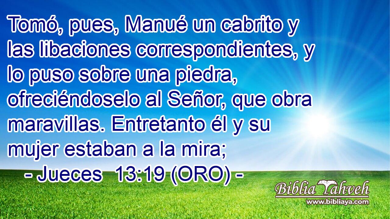  Tomó, pues, Manué un cabrito y las libaciones correspondientes, y lo puso sobre una piedra, ofreciéndoselo al Señor, que obra maravillas. Entretanto él y su mujer estaban a la mira; 
