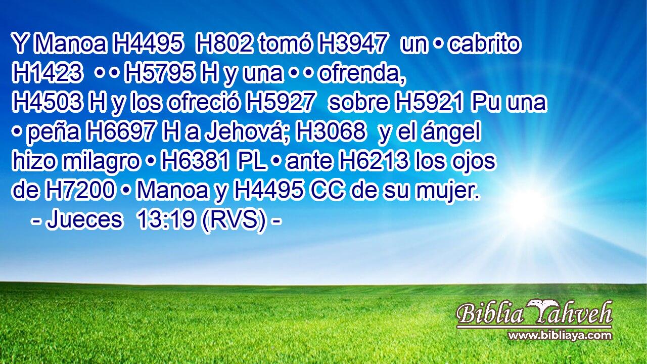 Y Manoa H4495  H802 tomó H3947  un • cabrito H1423  • • H5795 H y una • • ofrenda, H4503 H y los ofreció H5927  sobre H5921 Pu una • peña H6697 H a Jehová; H3068  y el ángel hizo milagro • H6381 PL • ante H6213 los ojos de H7200 • Manoa y H4495 CC de su mujer. 