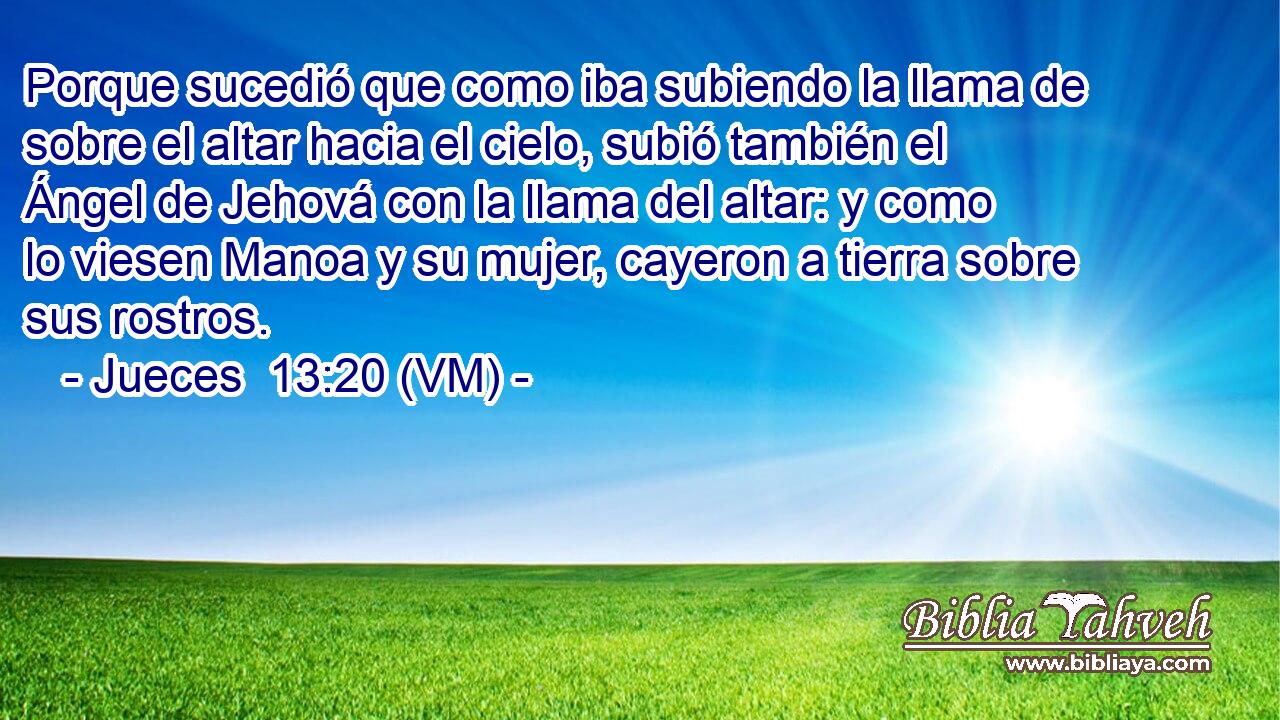  Porque sucedió que como iba subiendo la llama de sobre el altar hacia el cielo, subió también el Ángel de Jehová con la llama del altar: y como lo viesen Manoa y su mujer, cayeron a tierra sobre sus rostros. 