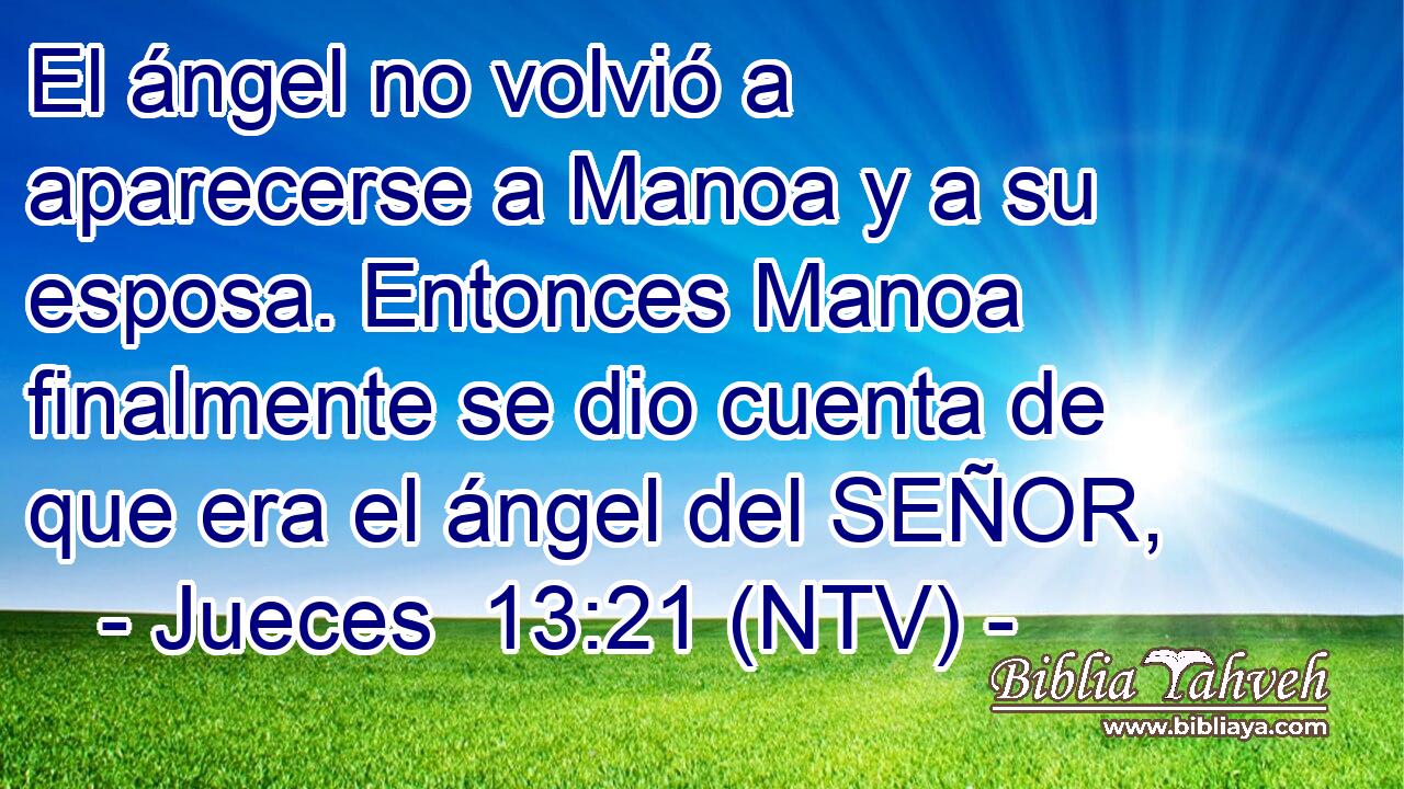 El ángel no volvió a aparecerse a Manoa y a su esposa. Entonces Manoa finalmente se dio cuenta de que era el ángel del SEÑOR,