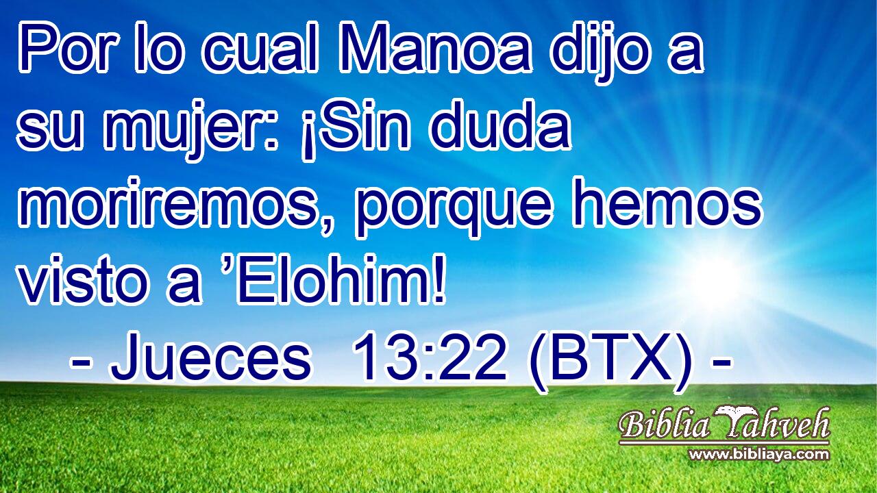 Por lo cual Manoa dijo a su mujer: ¡Sin duda moriremos, porque hemos visto a ’Elohim!
