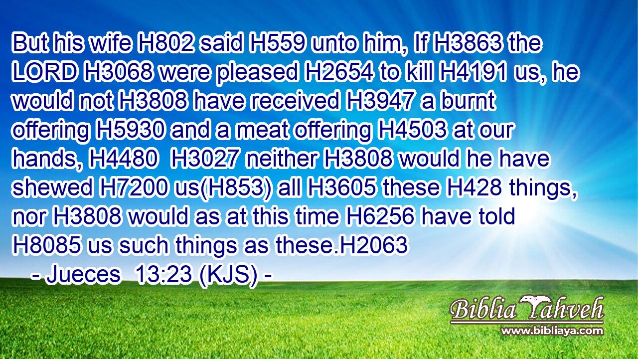But his wife H802 said H559 unto him, If H3863 the LORD H3068 were pleased H2654 to kill H4191 us, he would not H3808 have received H3947 a burnt offering H5930 and a meat offering H4503 at our hands, H4480  H3027 neither H3808 would he have shewed H7200 us(H853) all H3605 these H428 things, nor H3808 would as at this time H6256 have told H8085 us such things as these.H2063