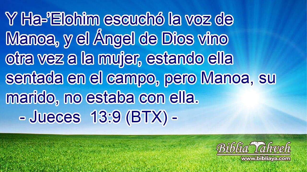 Y Ha-’Elohim escuchó la voz de Manoa, y el Ángel de Dios vino otra vez a la mujer, estando ella sentada en el campo, pero Manoa, su marido, no estaba con ella.