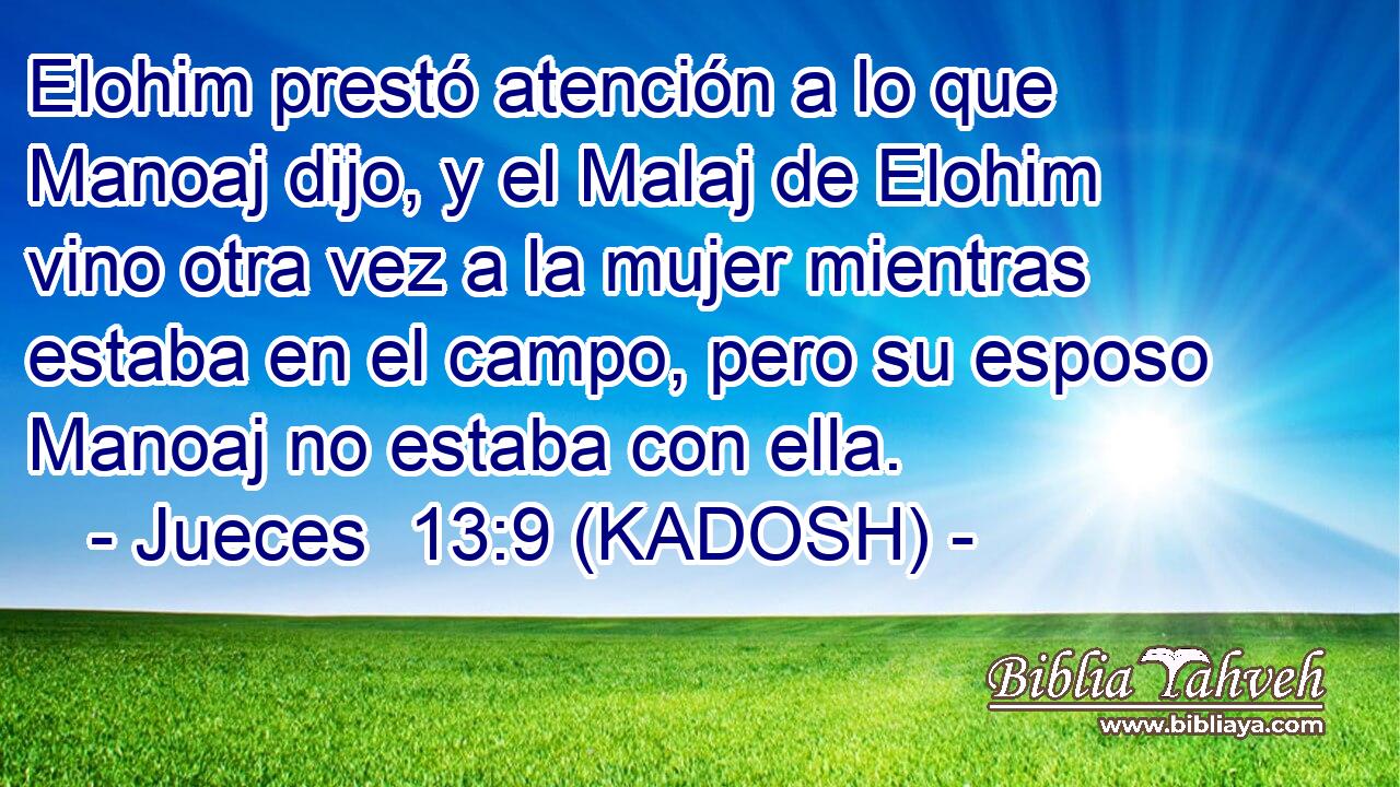  Elohim prestó atención a lo que Manoaj dijo, y el Malaj de Elohim vino otra vez a la mujer mientras estaba en el campo, pero su esposo Manoaj no estaba con ella. 
