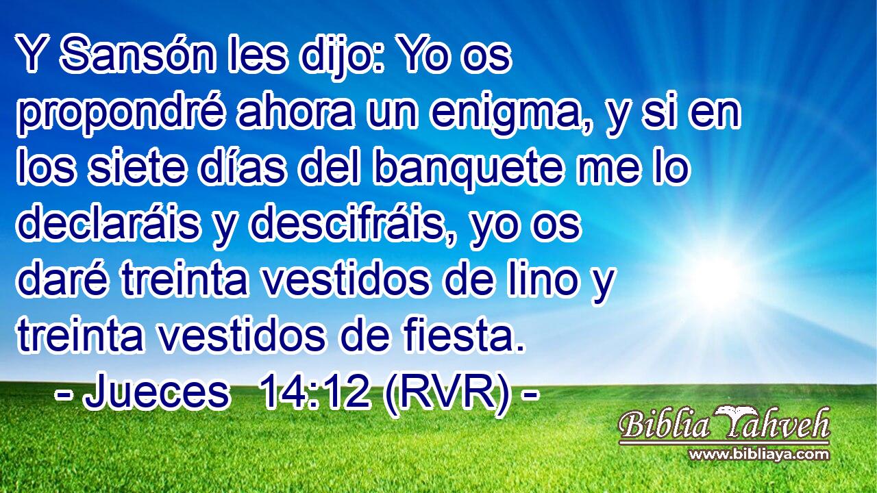 Y Sansón les dijo: Yo os propondré ahora un enigma, y si en los siete días del banquete me lo declaráis y descifráis, yo os daré treinta vestidos de lino y treinta vestidos de fiesta.