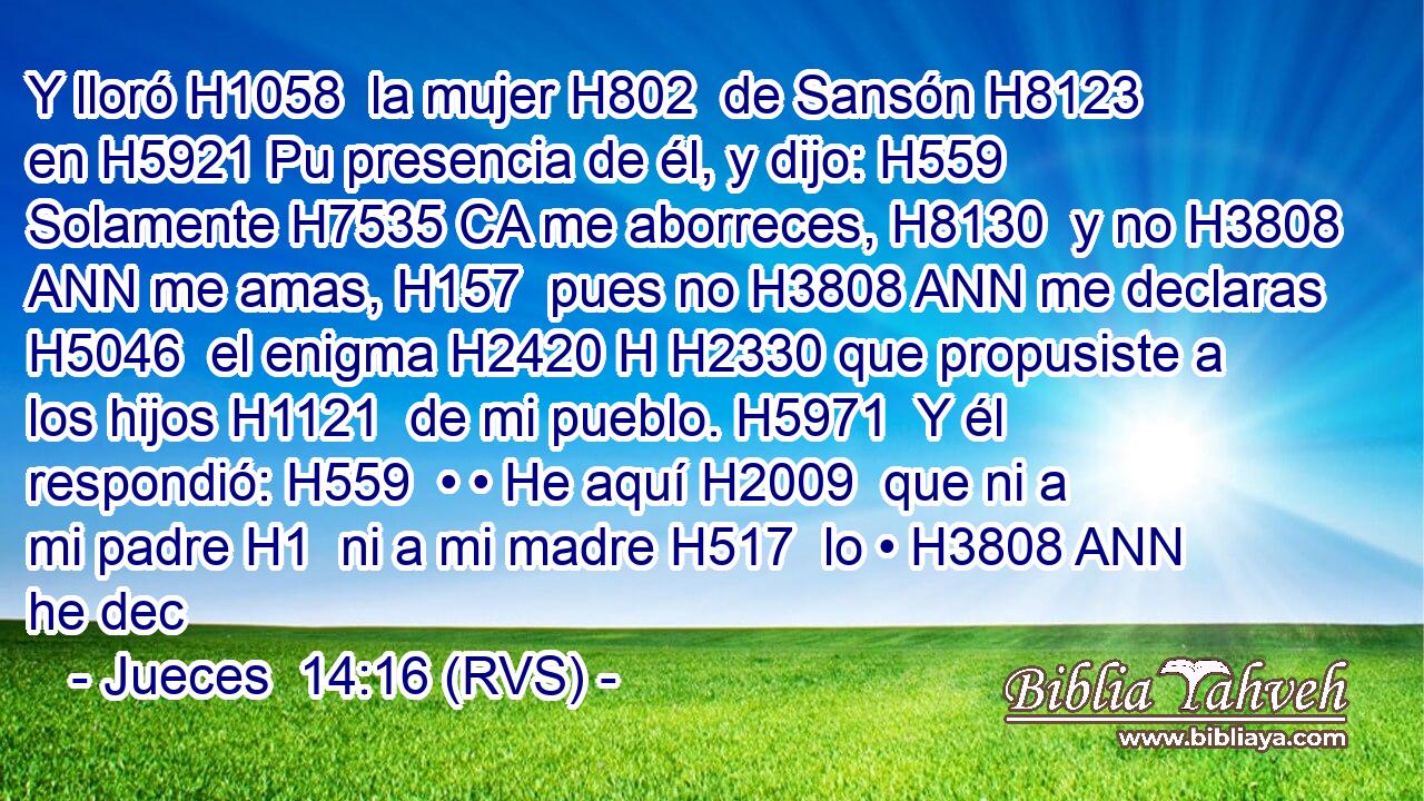 Y lloró H1058  la mujer H802  de Sansón H8123  en H5921 Pu presencia de él, y dijo: H559  Solamente H7535 CA me aborreces, H8130  y no H3808 ANN me amas, H157  pues no H3808 ANN me declaras H5046  el enigma H2420 H H2330 que propusiste a los hijos H1121  de mi pueblo. H5971  Y él respondió: H559  • • He aquí H2009  que ni a mi padre H1  ni a mi madre H517  lo • H3808 ANN he dec