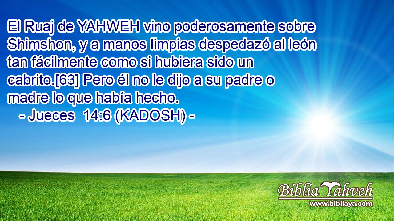  El Ruaj de YAHWEH vino poderosamente sobre Shimshon, y a manos limpias despedazó al león tan fácilmente como si hubiera sido un cabrito.[63] Pero él no le dijo a su padre o madre lo que había hecho. 