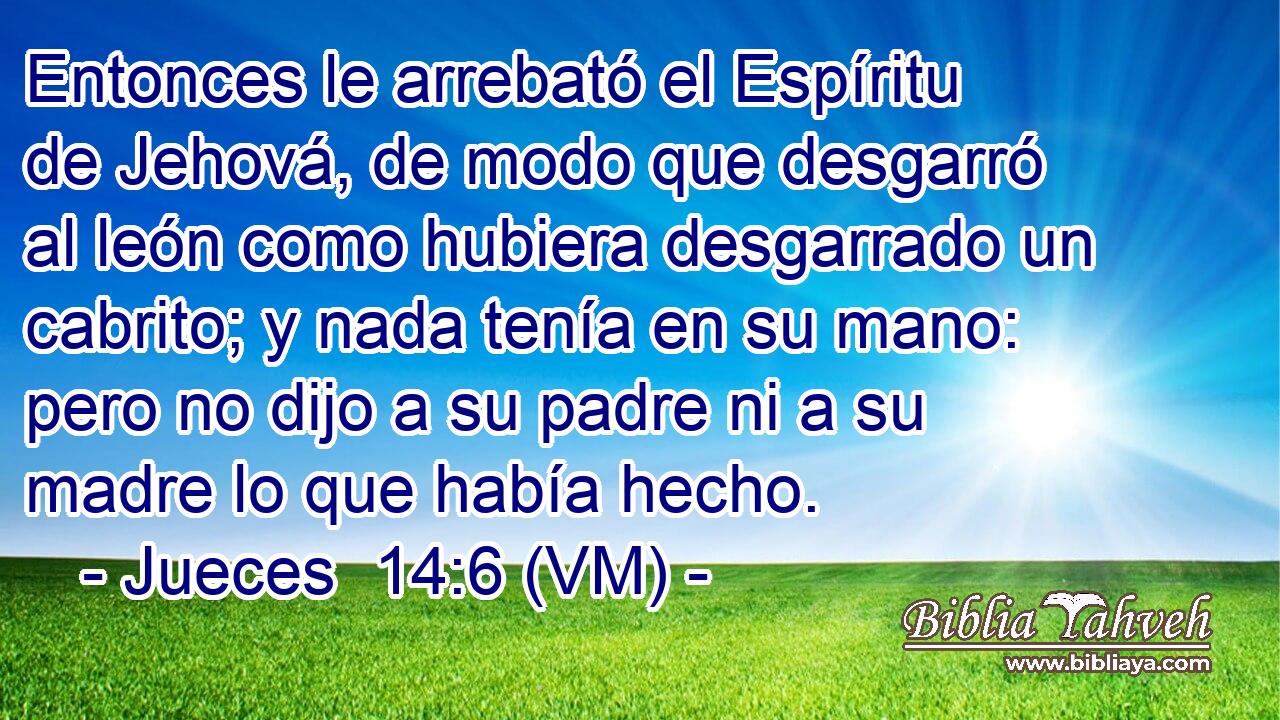  Entonces le arrebató el Espíritu de Jehová, de modo que desgarró al león como hubiera desgarrado un cabrito; y nada tenía en su mano: pero no dijo a su padre ni a su madre lo que había hecho. 