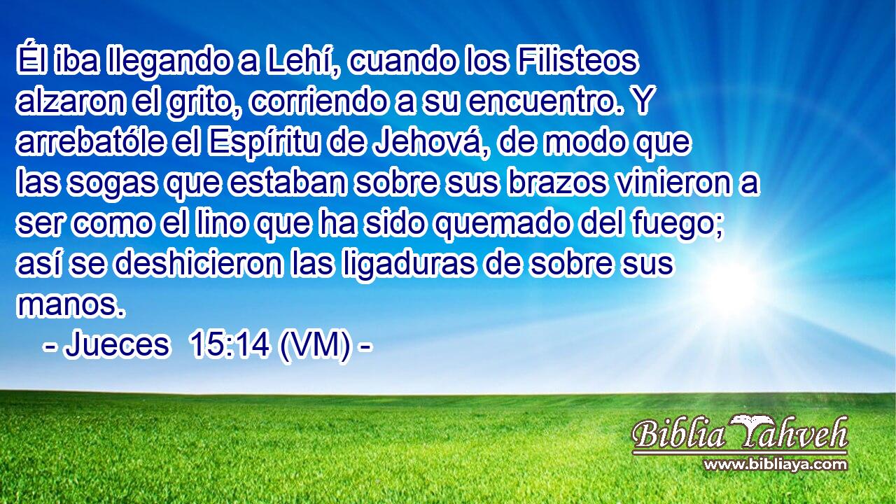  Él iba llegando a Lehí, cuando los Filisteos alzaron el grito, corriendo a su encuentro. Y arrebatóle el Espíritu de Jehová, de modo que las sogas que estaban sobre sus brazos vinieron a ser como el lino que ha sido quemado del fuego; así se deshicieron las ligaduras de sobre sus manos. 