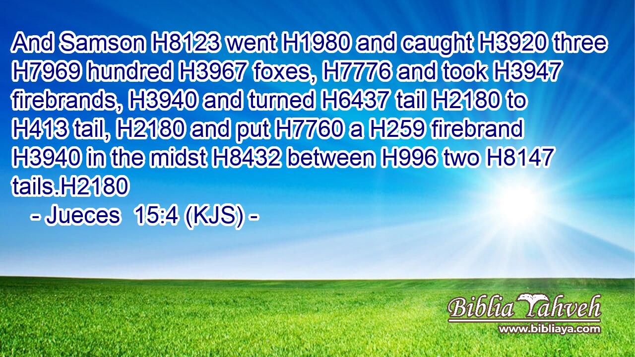 And Samson H8123 went H1980 and caught H3920 three H7969 hundred H3967 foxes, H7776 and took H3947 firebrands, H3940 and turned H6437 tail H2180 to H413 tail, H2180 and put H7760 a H259 firebrand H3940 in the midst H8432 between H996 two H8147 tails.H2180