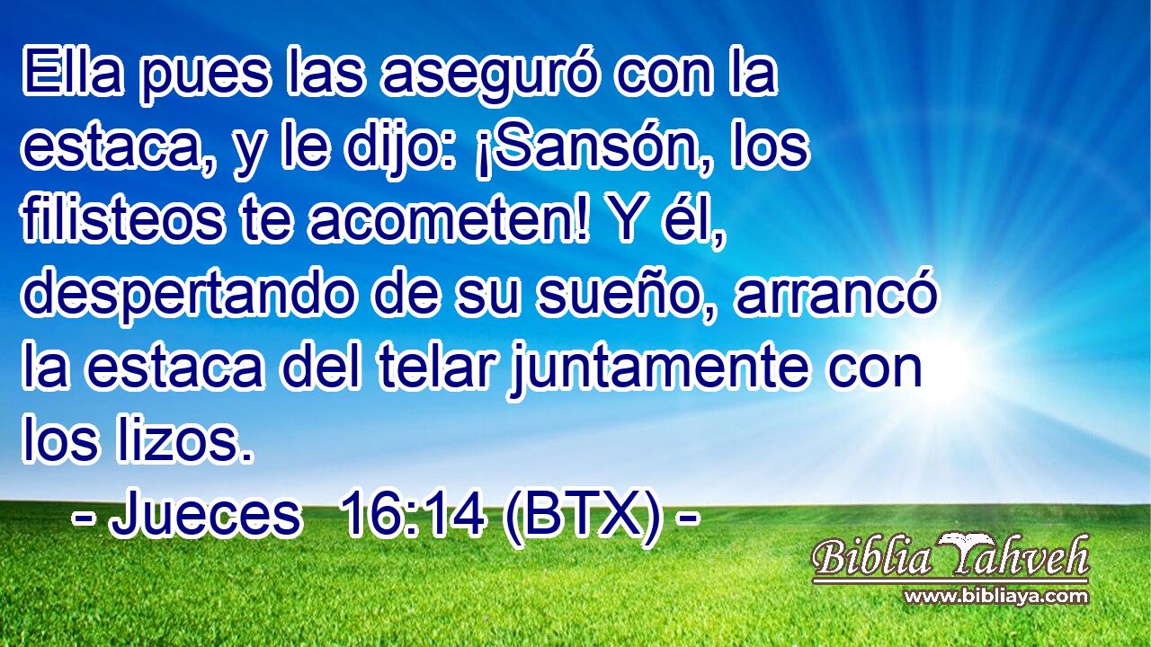 Ella pues las aseguró con la estaca, y le dijo: ¡Sansón, los filisteos te acometen! Y él, despertando de su sueño, arrancó la estaca del telar juntamente con los lizos.