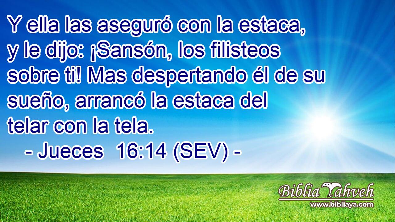 Y ella las aseguró con la estaca, y le dijo: ¡Sansón, los filisteos sobre ti! Mas despertando él de su sueño, arrancó la estaca del telar con la tela.