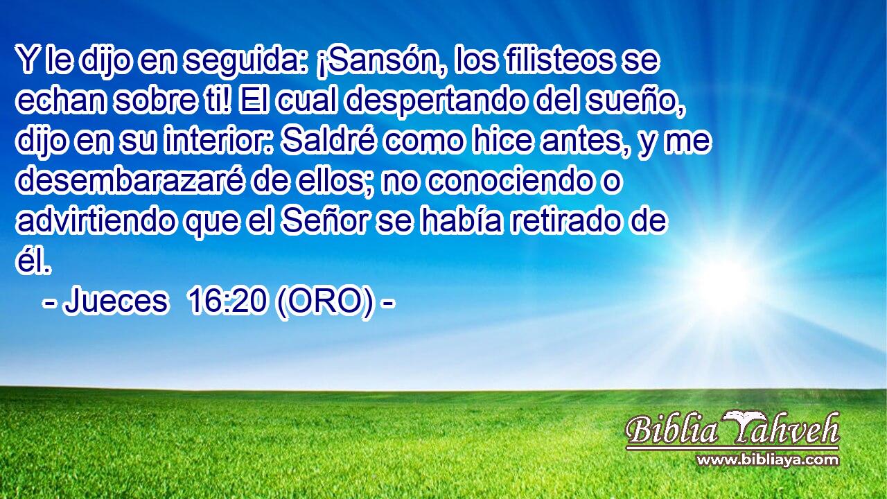  Y le dijo en seguida: ¡Sansón, los filisteos se echan sobre ti! El cual despertando del sueño, dijo en su interior: Saldré como hice antes, y me desembarazaré de ellos; no conociendo o advirtiendo que el Señor se había retirado de él. 