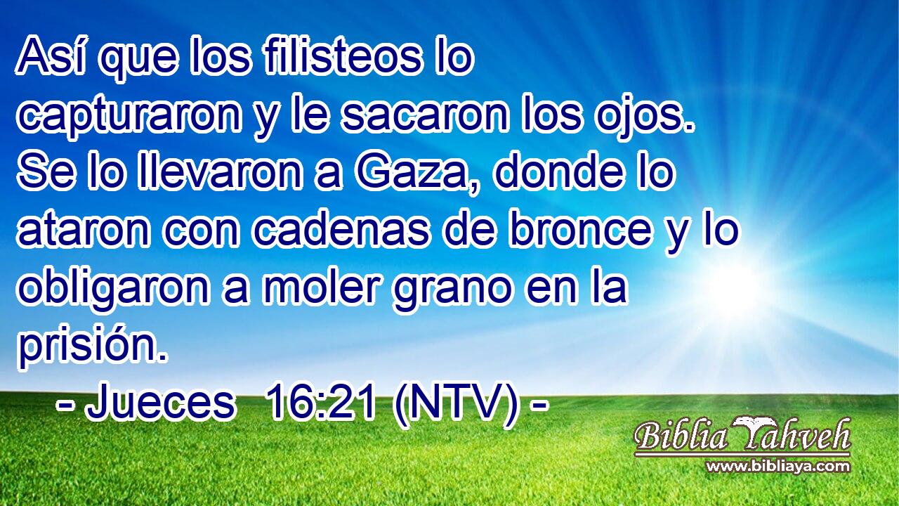 Así que los filisteos lo capturaron y le sacaron los ojos. Se lo llevaron a Gaza, donde lo ataron con cadenas de bronce y lo obligaron a moler grano en la prisión.