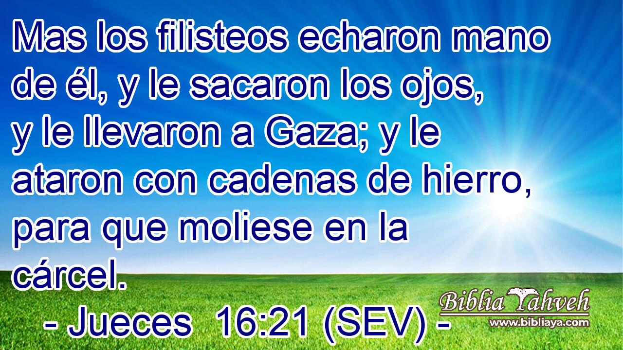 Mas los filisteos echaron mano de él, y le sacaron los ojos, y le llevaron a Gaza; y le ataron con cadenas de hierro, para que moliese en la cárcel.