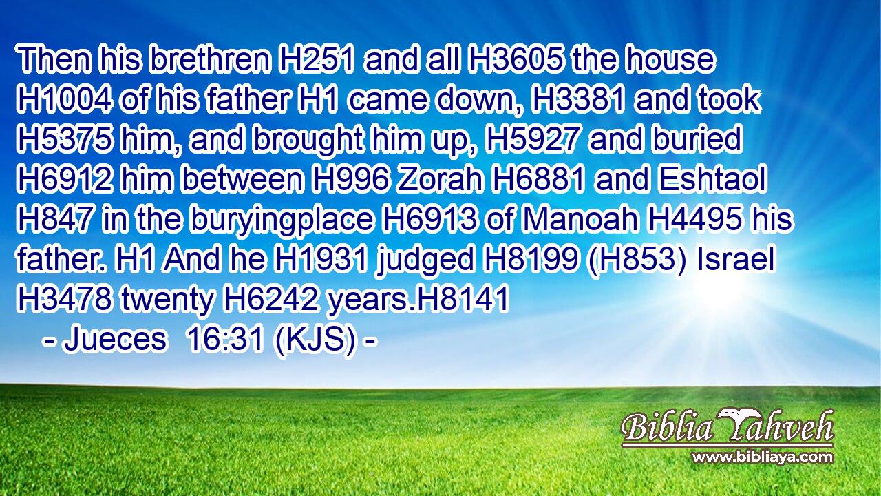 Then his brethren H251 and all H3605 the house H1004 of his father H1 came down, H3381 and took H5375 him, and brought him up, H5927 and buried H6912 him between H996 Zorah H6881 and Eshtaol H847 in the buryingplace H6913 of Manoah H4495 his father. H1 And he H1931 judged H8199 (H853) Israel H3478 twenty H6242 years.H8141