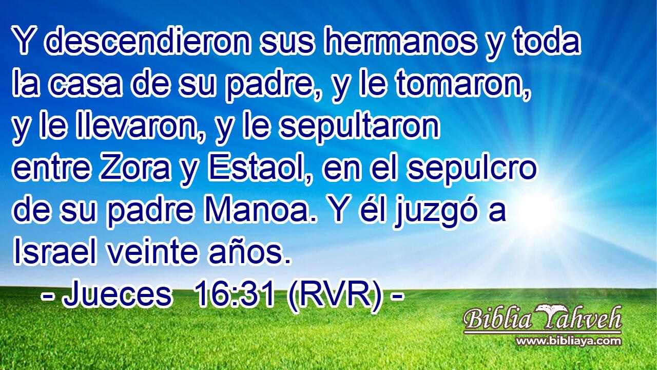 Y descendieron sus hermanos y toda la casa de su padre, y le tomaron, y le llevaron, y le sepultaron entre Zora y Estaol, en el sepulcro de su padre Manoa. Y él juzgó a Israel veinte años.