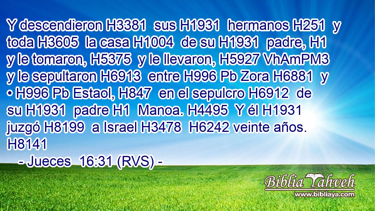 Y descendieron H3381  sus H1931  hermanos H251  y toda H3605  la casa H1004  de su H1931  padre, H1  y le tomaron, H5375  y le llevaron, H5927 VhAmPM3 y le sepultaron H6913  entre H996 Pb Zora H6881  y • H996 Pb Estaol, H847  en el sepulcro H6912  de su H1931  padre H1  Manoa. H4495  Y él H1931  juzgó H8199  a Israel H3478  H6242 veinte años. H8141 