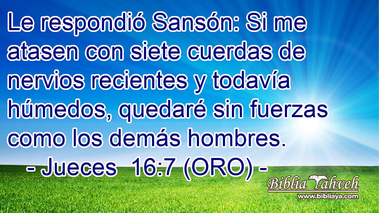  Le respondió Sansón: Si me atasen con siete cuerdas de nervios recientes y todavía húmedos, quedaré sin fuerzas como los demás hombres. 
