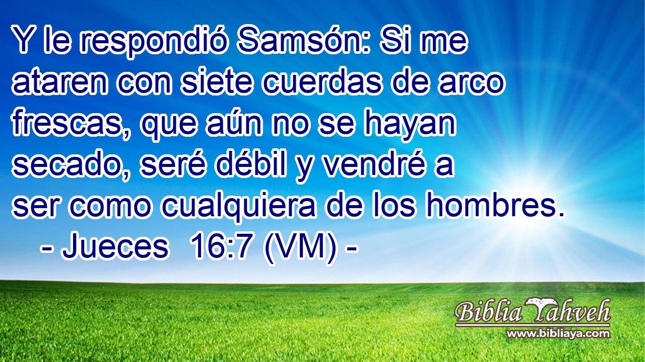  Y le respondió Samsón: Si me ataren con siete cuerdas de arco frescas, que aún no se hayan secado, seré débil y vendré a ser como cualquiera de los hombres. 