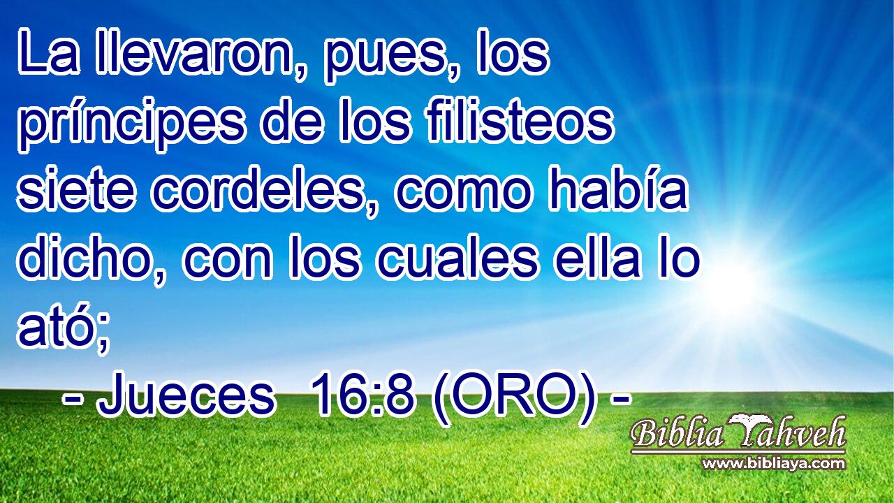  La llevaron, pues, los príncipes de los filisteos siete cordeles, como había dicho, con los cuales ella lo ató; 