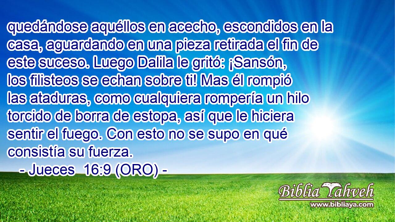  quedándose aquéllos en acecho, escondidos en la casa, aguardando en una pieza retirada el fin de este suceso. Luego Dalila le gritó: ¡Sansón, los filisteos se echan sobre ti! Mas él rompió las ataduras, como cualquiera rompería un hilo torcido de borra de estopa, así que le hiciera sentir el fuego. Con esto no se supo en qué consistía su fuerza. 