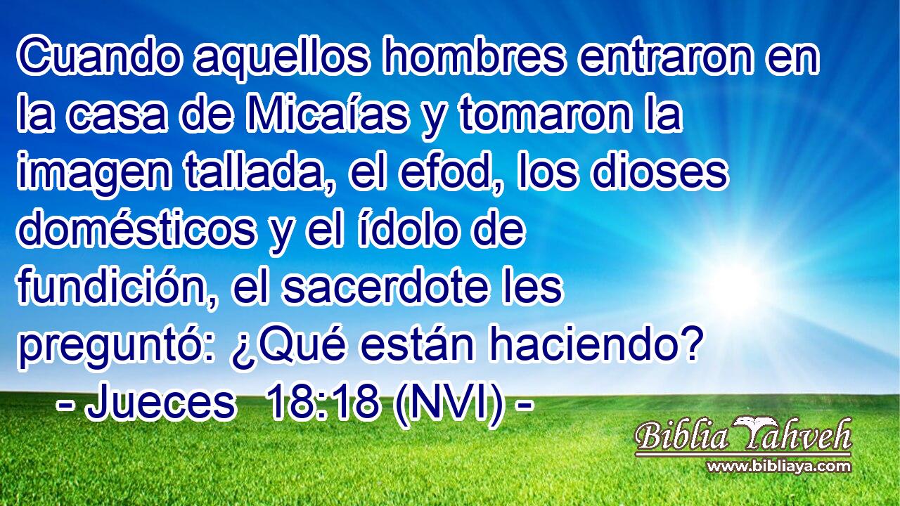  Cuando aquellos hombres entraron en la casa de Micaías y tomaron la imagen tallada, el efod, los dioses domésticos y el ídolo de fundición, el sacerdote les preguntó: ¿Qué están haciendo? 