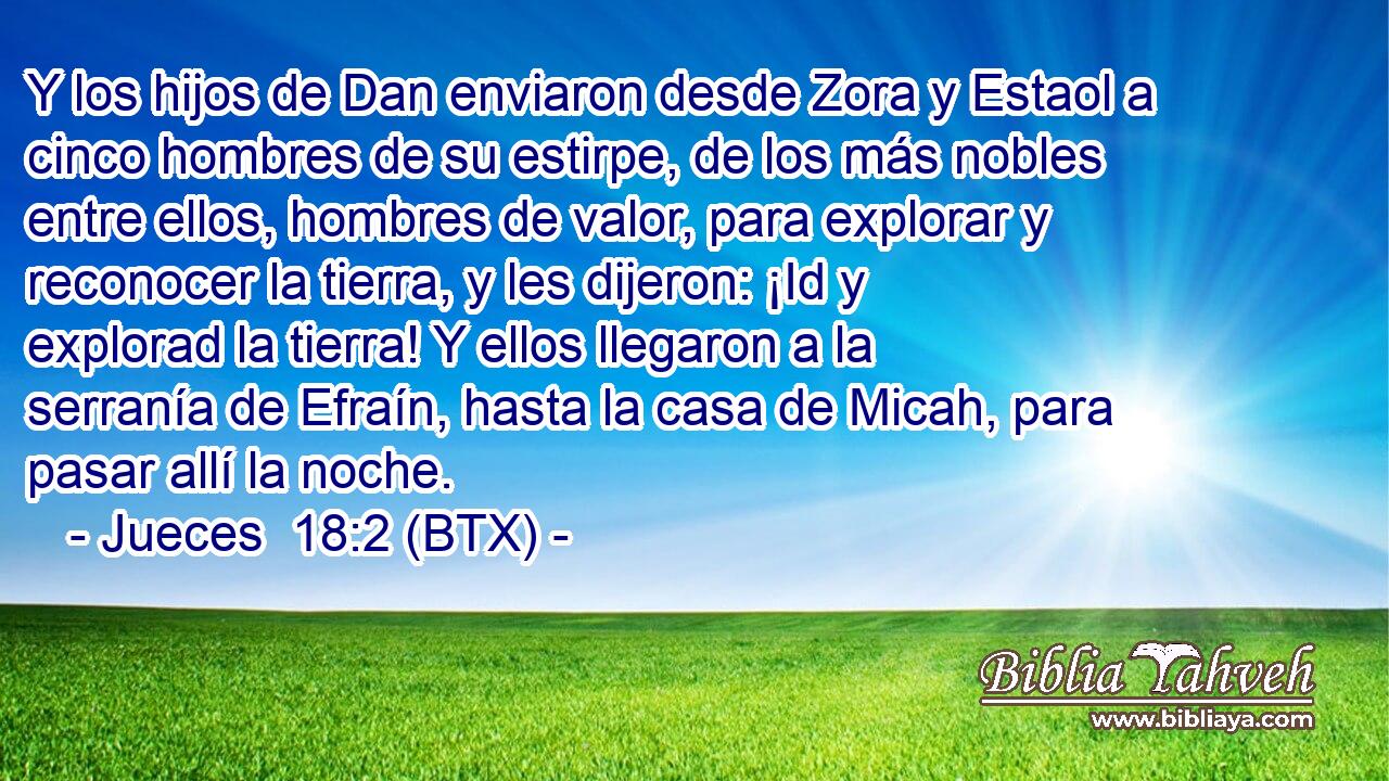 Y los hijos de Dan enviaron desde Zora y Estaol a cinco hombres de su estirpe, de los más nobles entre ellos, hombres de valor, para explorar y reconocer la tierra, y les dijeron: ¡Id y explorad la tierra! Y ellos llegaron a la serranía de Efraín, hasta la casa de Micah, para pasar allí la noche.