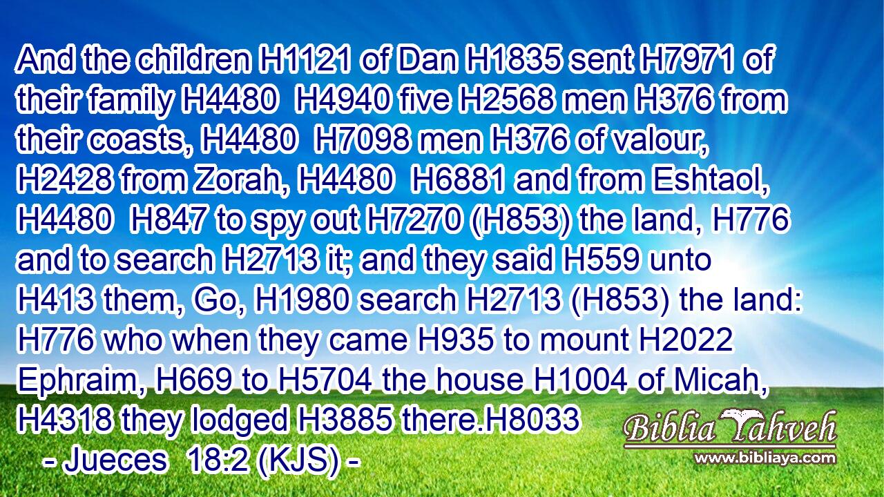 And the children H1121 of Dan H1835 sent H7971 of their family H4480  H4940 five H2568 men H376 from their coasts, H4480  H7098 men H376 of valour, H2428 from Zorah, H4480  H6881 and from Eshtaol, H4480  H847 to spy out H7270 (H853) the land, H776 and to search H2713 it; and they said H559 unto H413 them, Go, H1980 search H2713 (H853) the land: H776 who when they came H935 to mount H2022 Ephraim, H669 to H5704 the house H1004 of Micah, H4318 they lodged H3885 there.H8033