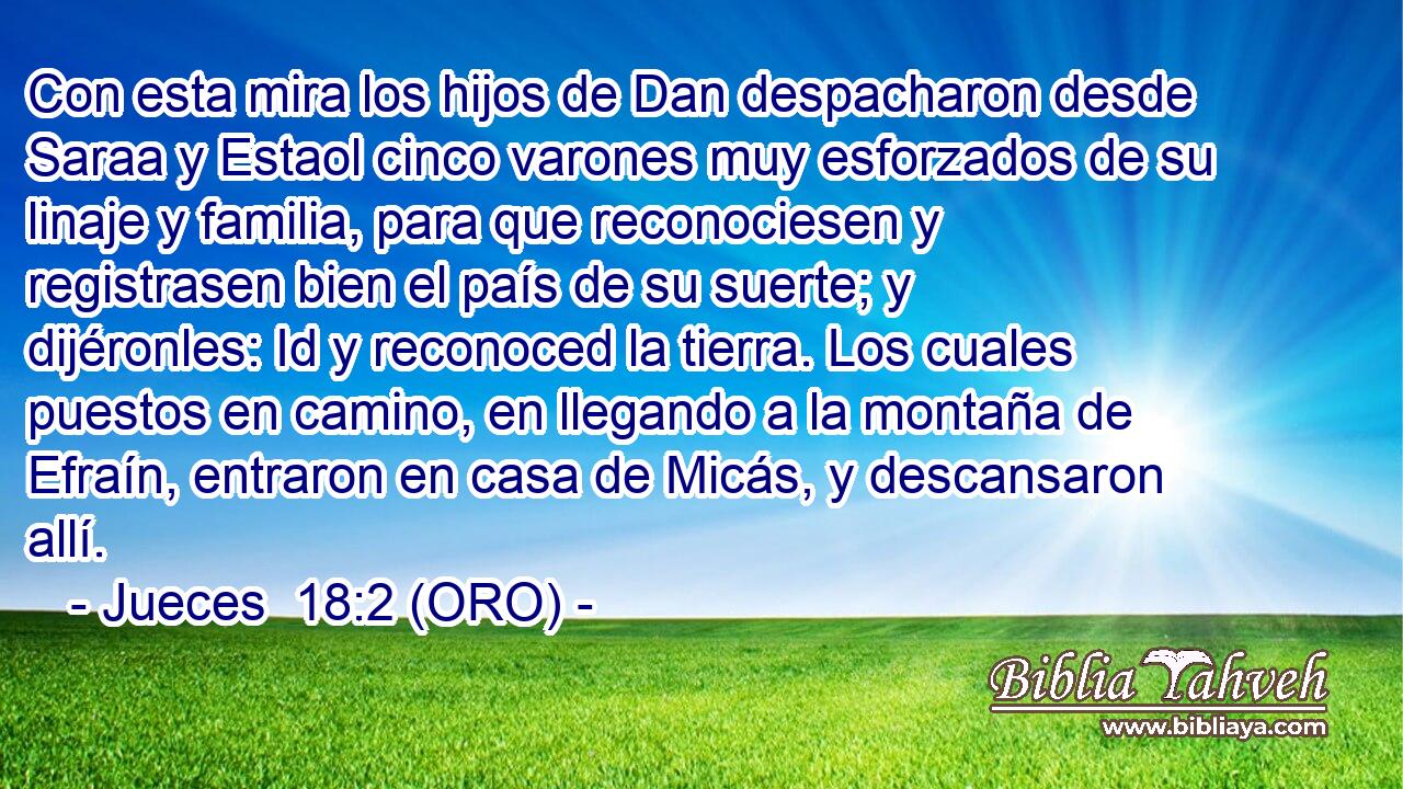  Con esta mira los hijos de Dan despacharon desde Saraa y Estaol cinco varones muy esforzados de su linaje y familia, para que reconociesen y registrasen bien el país de su suerte; y dijéronles: Id y reconoced la tierra. Los cuales puestos en camino, en llegando a la montaña de Efraín, entraron en casa de Micás, y descansaron allí. 