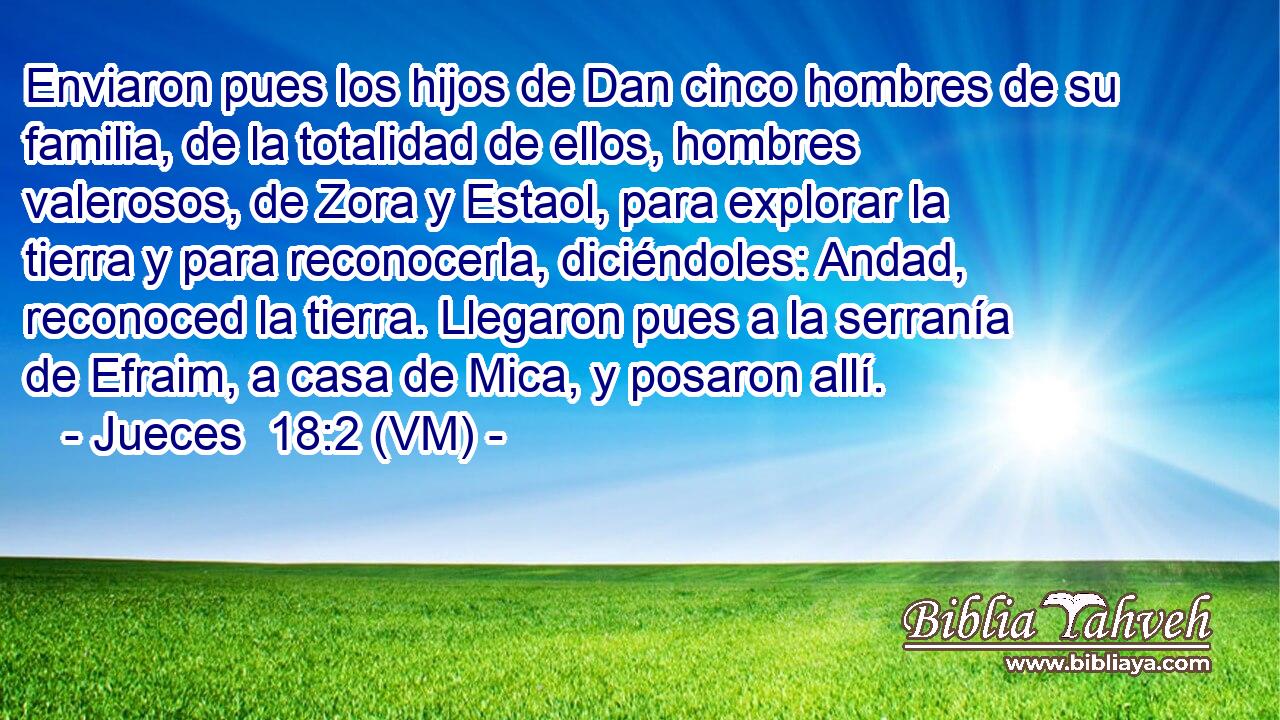  Enviaron pues los hijos de Dan cinco hombres de su familia, de la totalidad de ellos, hombres valerosos, de Zora y Estaol, para explorar la tierra y para reconocerla, diciéndoles: Andad, reconoced la tierra. Llegaron pues a la serranía de Efraim, a casa de Mica, y posaron allí. 
