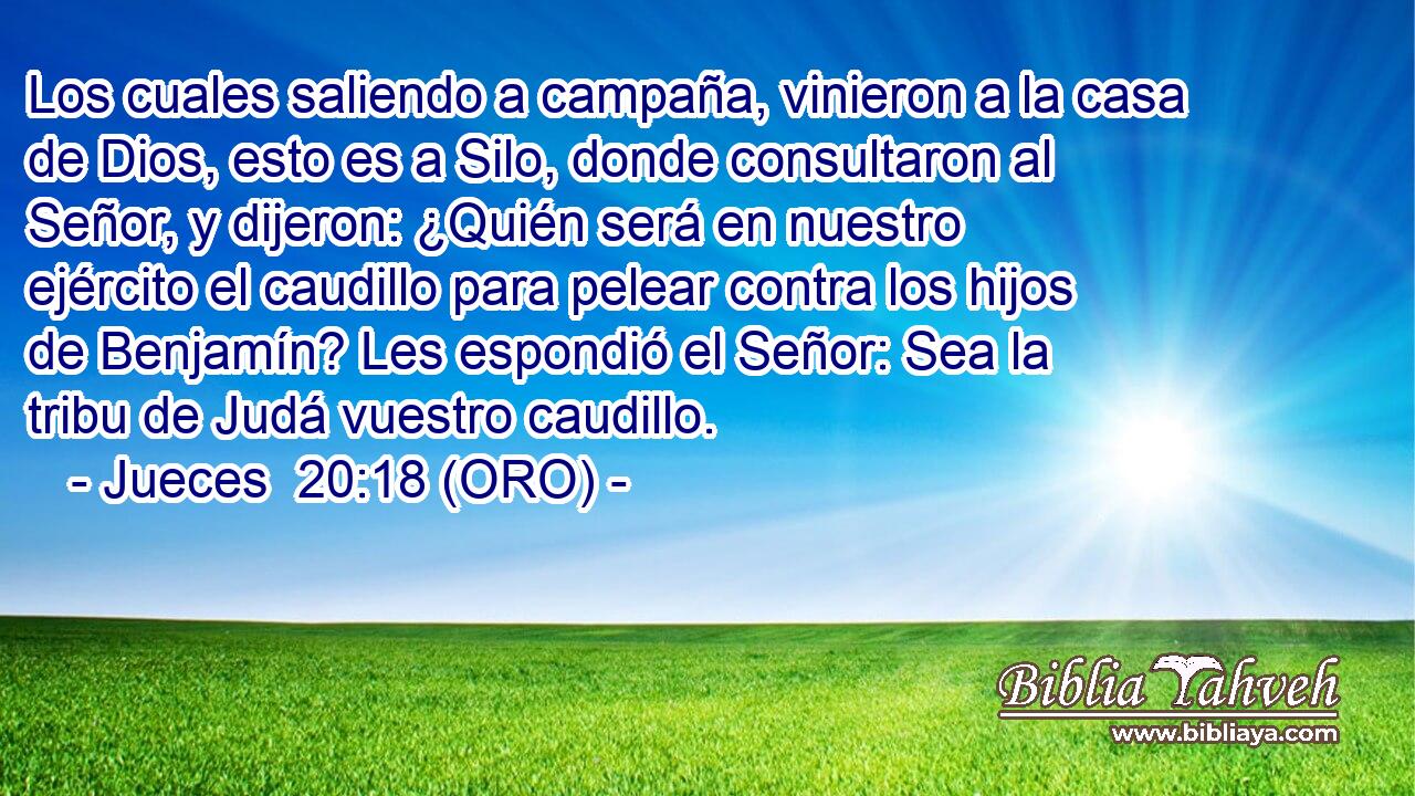 Los cuales saliendo a campaña, vinieron a la casa de Dios, esto es a Silo, donde consultaron al Señor, y dijeron: ¿Quién será en nuestro ejército el caudillo para pelear contra los hijos de Benjamín? Les espondió el Señor: Sea la tribu de Judá vuestro caudillo. 