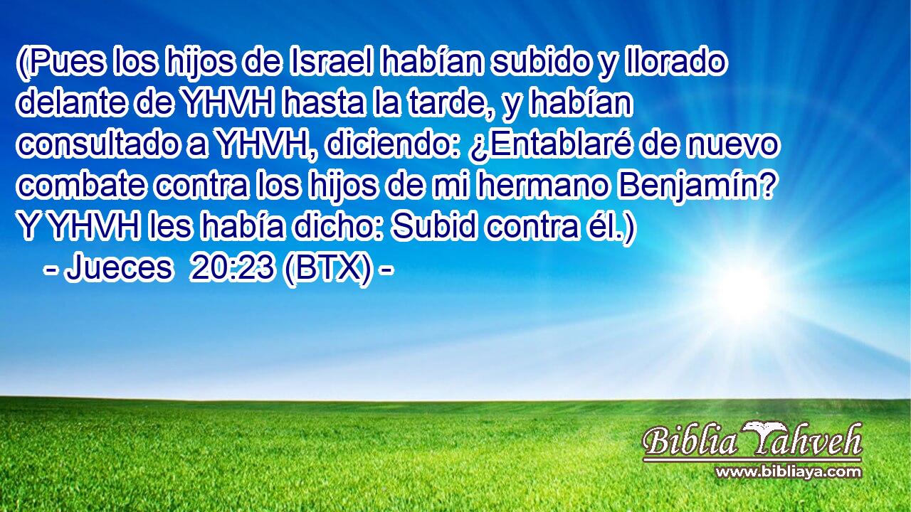 (Pues los hijos de Israel habían subido y llorado delante de YHVH hasta la tarde, y habían consultado a YHVH, diciendo: ¿Entablaré de nuevo combate contra los hijos de mi hermano Benjamín? Y YHVH les había dicho: Subid contra él.)