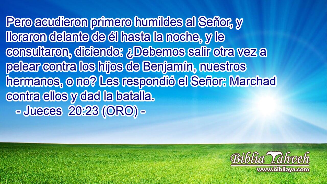  Pero acudieron primero humildes al Señor, y lloraron delante de él hasta la noche, y le consultaron, diciendo: ¿Debemos salir otra vez a pelear contra los hijos de Benjamín, nuestros hermanos, o no? Les respondió el Señor: Marchad contra ellos y dad la batalla. 