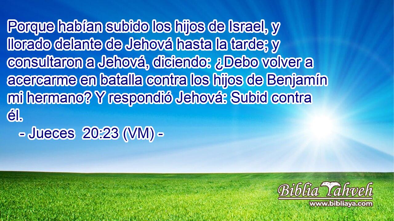  Porque habían subido los hijos de Israel, y llorado delante de Jehová hasta la tarde; y consultaron a Jehová, diciendo: ¿Debo volver a acercarme en batalla contra los hijos de Benjamín mi hermano? Y respondió Jehová: Subid contra él. 