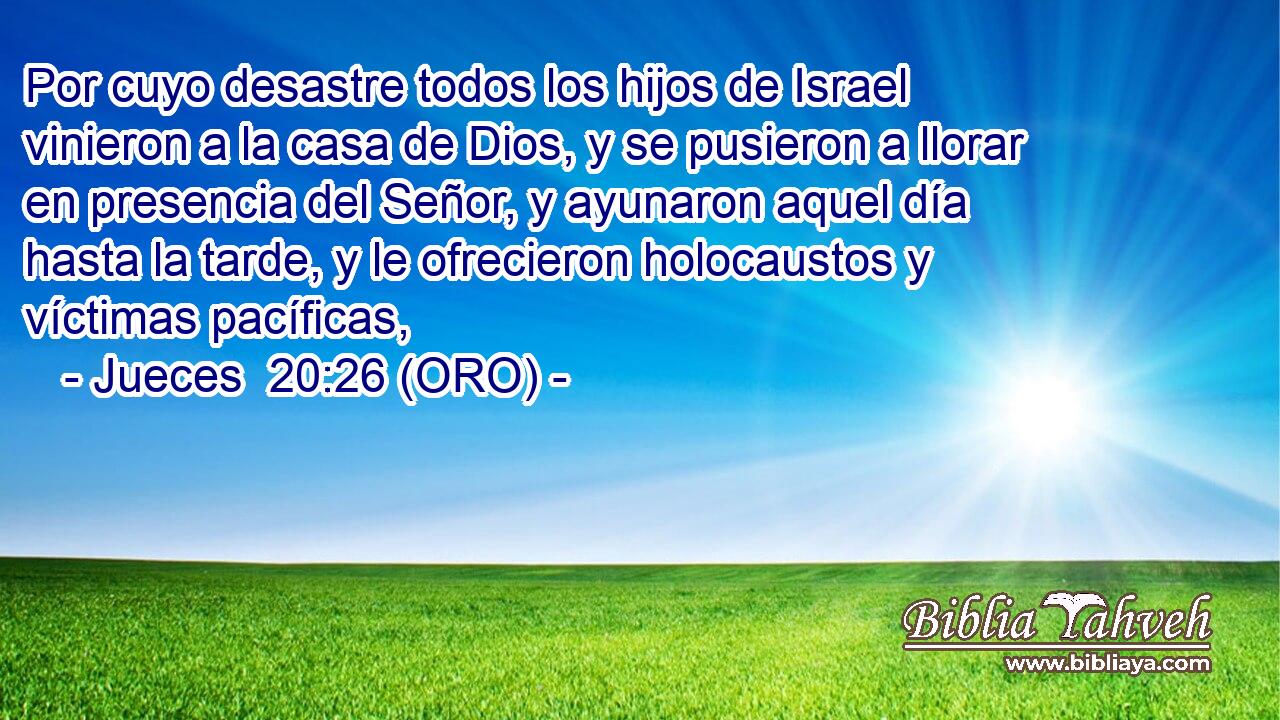  Por cuyo desastre todos los hijos de Israel vinieron a la casa de Dios, y se pusieron a llorar en presencia del Señor, y ayunaron aquel día hasta la tarde, y le ofrecieron holocaustos y víctimas pacíficas, 