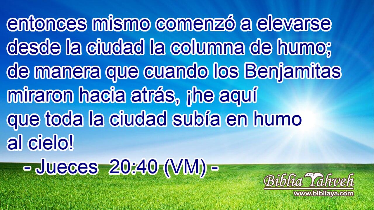  entonces mismo comenzó a elevarse desde la ciudad la columna de humo; de manera que cuando los Benjamitas miraron hacia atrás, ¡he aquí que toda la ciudad subía en humo al cielo! 