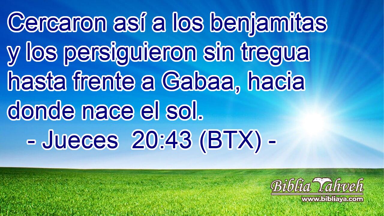 Cercaron así a los benjamitas y los persiguieron sin tregua hasta frente a Gabaa, hacia donde nace el sol.