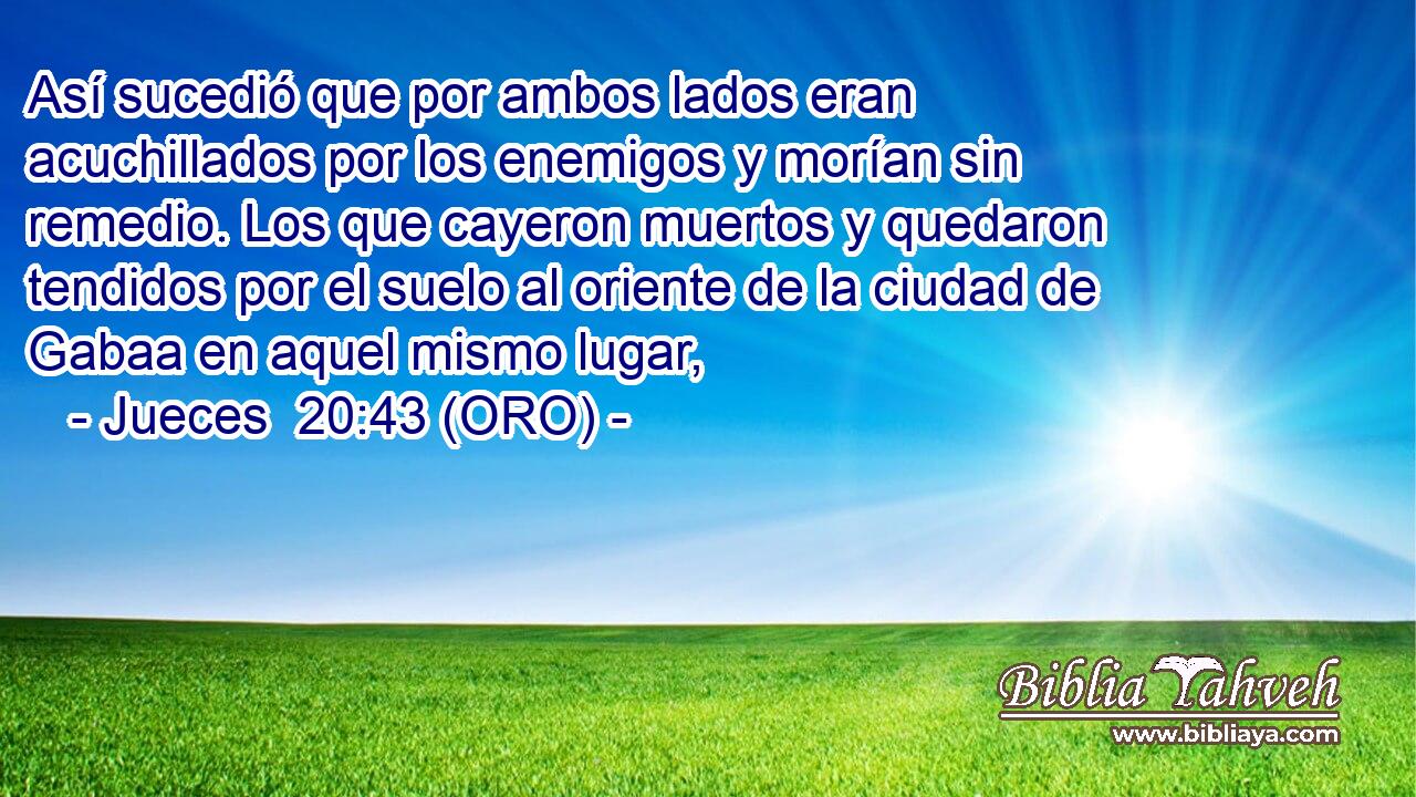  Así sucedió que por ambos lados eran acuchillados por los enemigos y morían sin remedio. Los que cayeron muertos y quedaron tendidos por el suelo al oriente de la ciudad de Gabaa en aquel mismo lugar, 